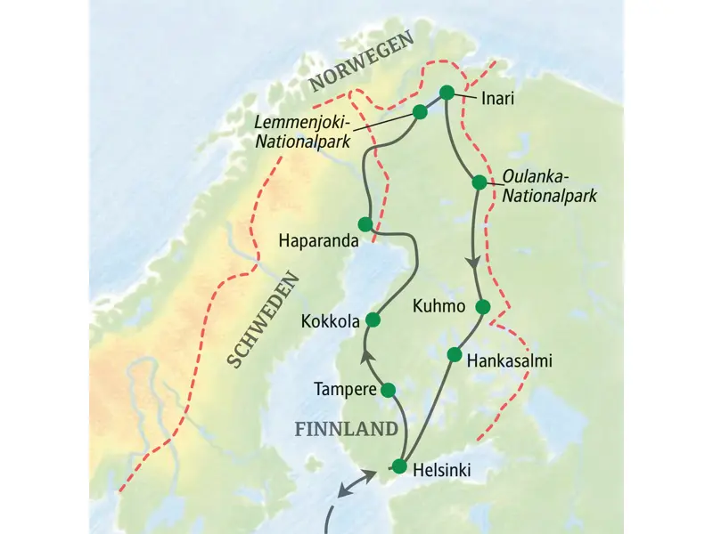 Reiseroute der Studiosus-Studienreise in Finnland: von Helsinki über Tampere und Inari in Lappland bis Kuhmo zurück.