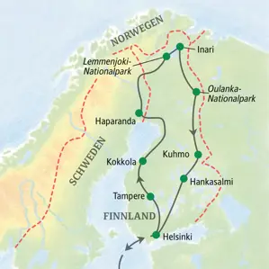 Reiseroute der Studiosus-Studienreise in Finnland: von Helsinki über Tampere und Inari in Lappland bis Kuhmo zurück.