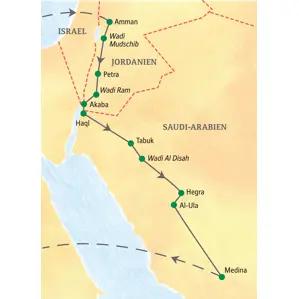Karte der Studiosus-Studienreise durch Jordanien und Saudi-Arabien von Amman über Petra und Al-Ula nach Medina.