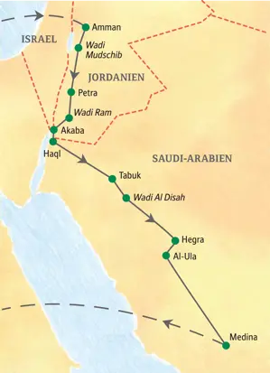 Karte der Studiosus-Studienreise durch Jordanien und Saudi-Arabien von Amman über Petra und Al-Ula nach Medina.
