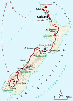Karte unserer Neuseeland Wanderreise: von den Fjorden der Südinsel über den Tongariro NP bis zur Bay of Islands.