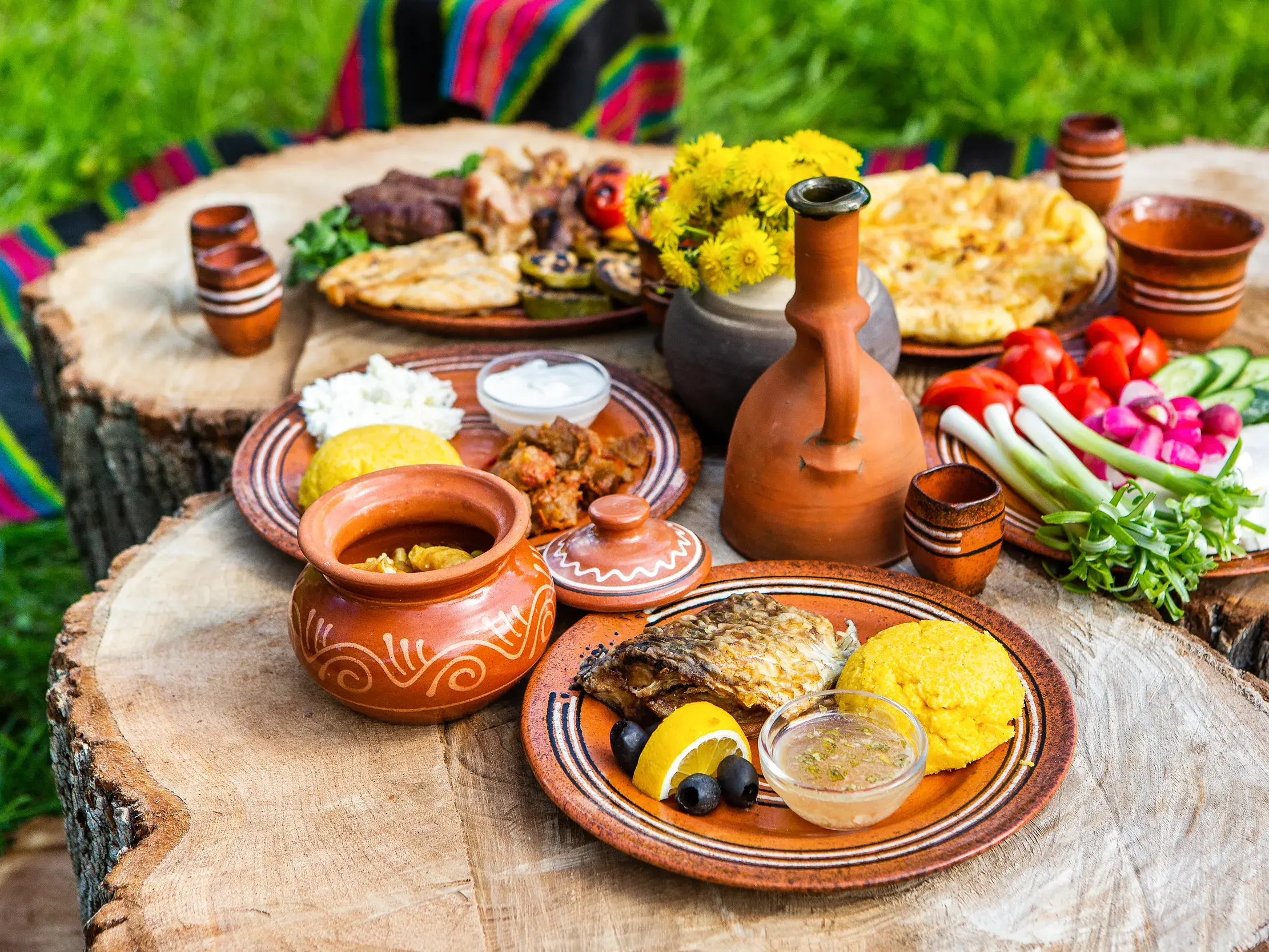 Vielfältige rumänische Hausmannskost mit Polenta, Käse und Fisch, rustikal angerichtet auf Baumstümpfen im Freien.