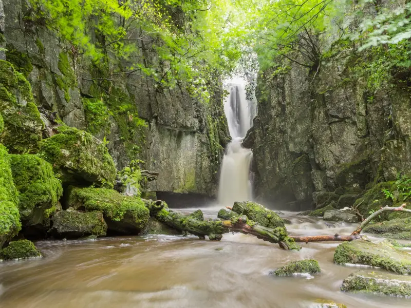 Ein versteckter Wasserfall stürzt in eine moosbewachsene Felsschlucht nahe Littlebeck auf der Trekkingreise durch Yorkshire.