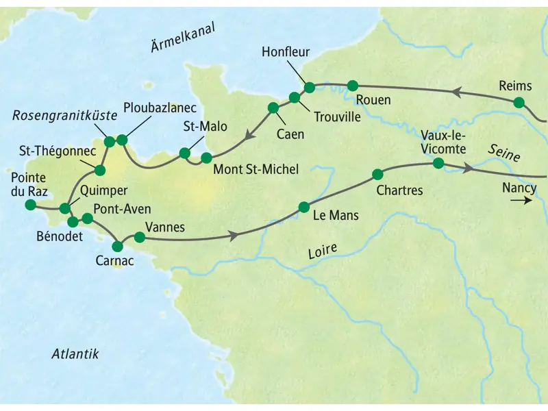 Karte der Studiosus Studienreise durch die Normandie und Bretagne mit Route von Reims über Rouen, Mont St-Michel und Quimper nach Nancy.