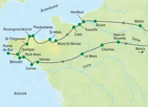 Karte der Studiosus Studienreise durch die Normandie und Bretagne mit Route von Reims über Rouen, Mont St-Michel und Quimper nach Nancy.