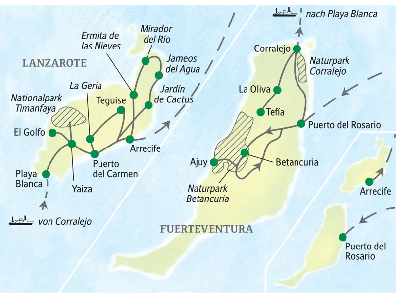 Verlauf der geführten Rundreise auf die Kanaren: Die Route führt von Fuerteventura nach Lanzarote.