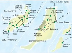 Verlauf der geführten Rundreise auf die Kanaren: Die Route führt von Fuerteventura nach Lanzarote.