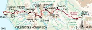 Karte der Trekkingreise auf dem Coast to Coast Walk von St. Bees über Grasmere und Shap nach Kirkby Stephen in England.