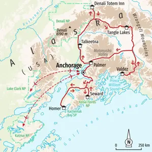 Reiseroute der geführten Rundreise in Alaska ab Anchorage mit Stopps im Denali NP, in Valdez und auf der Kenai-Halbinsel.