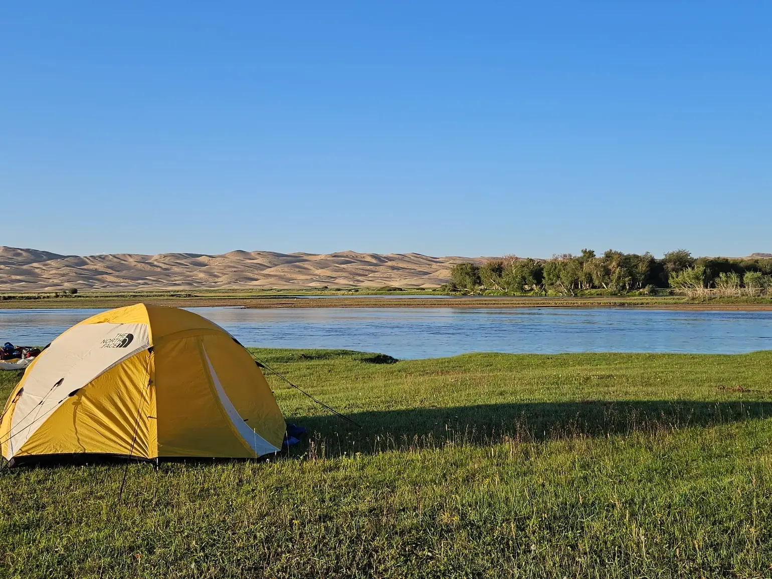 Gelbes Zelt auf einer grünen Wiese am Fluss Zavkhan mit Blick auf das weite Dünenfeld Mongol Els in der Mongolei.