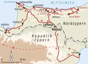 Karte unserer Wanderreise in Nordzypern. Die Route führt von Larnaka über Nikosia und Kormacit ins Besparmak-Gebirge.