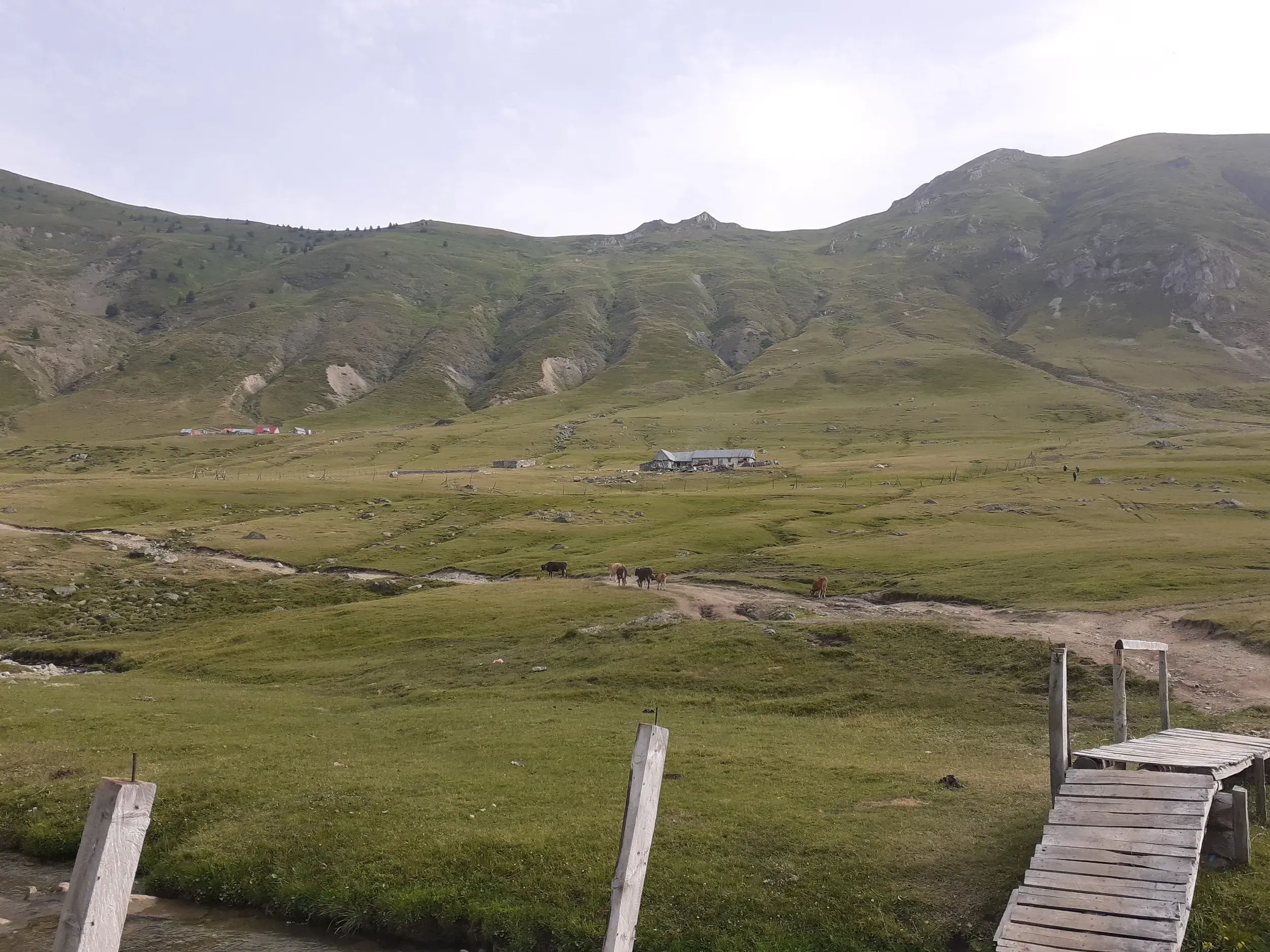 Weite Almwiesen und rustikale Berghütten im Hochtal von Doberdol auf dem Trekking-Trail "Peaks of the Balkans" in Albanien.