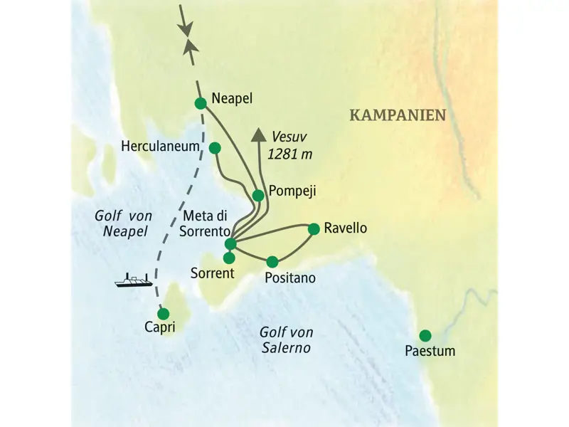 Karte unserer Studienreise in Kampanien: Die Route führt von Neapel über Pompeji, den Vesuv und Sorrent zur Amalfiküste.