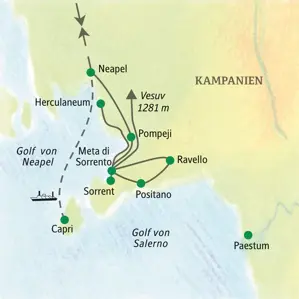 Karte unserer Studienreise in Kampanien: Die Route führt von Neapel über Pompeji, den Vesuv und Sorrent zur Amalfiküste.