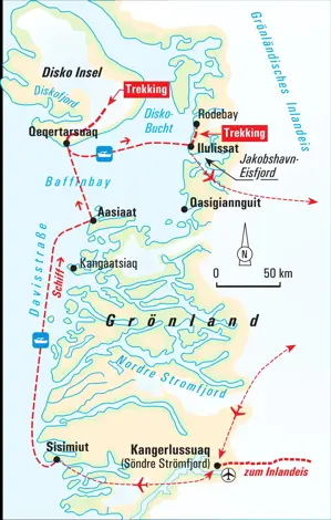 Karte der Hauser Trekkingreise in Westgrönland: Route von Kangerlussuaq über Sisimiut und die Diskoinsel nach Ilulissat.