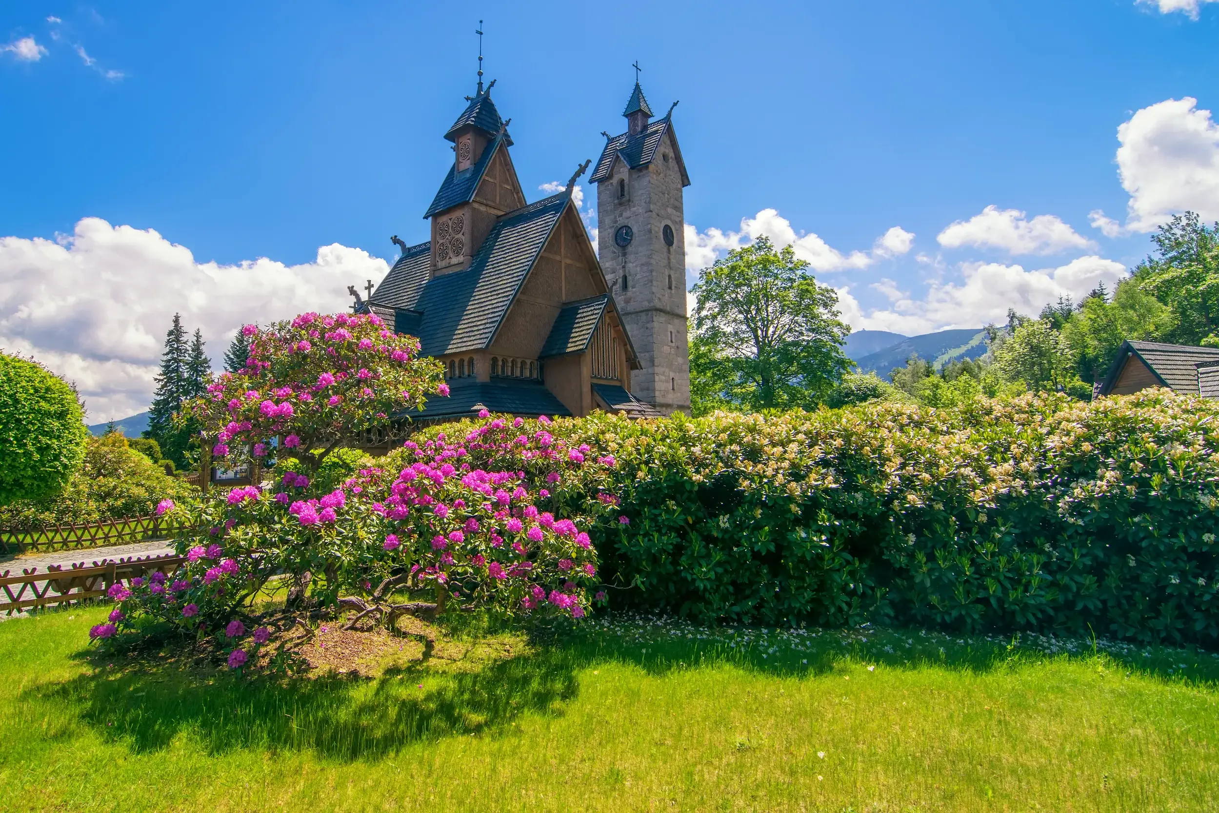 Die mittelalterliche Stabkirche Wang bei Karpacz in Polen mit blühendem Rhododendron vor der Bergkulisse des Riesengebirges.