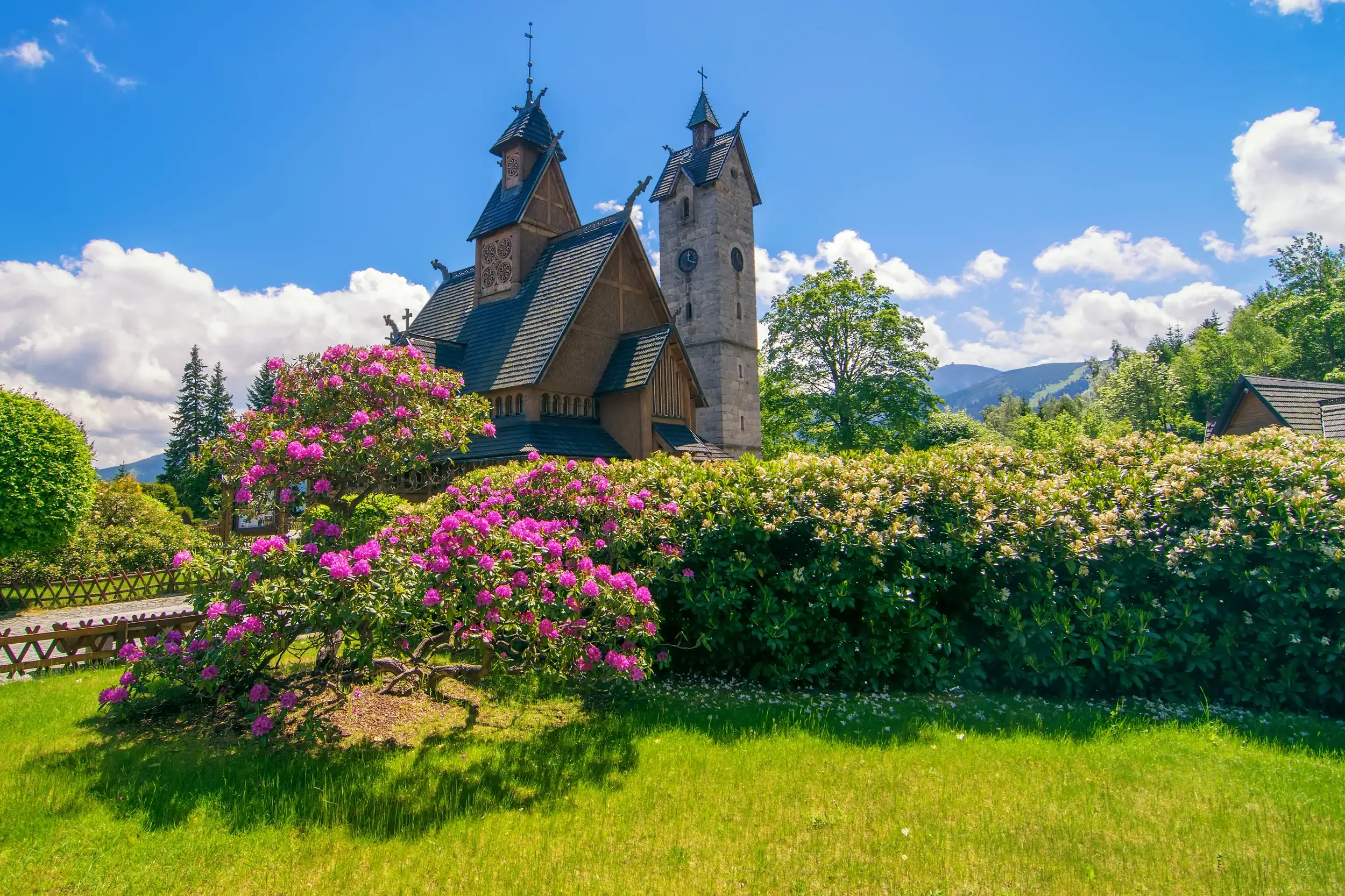 Die mittelalterliche Stabkirche Wang bei Karpacz in Polen mit blühendem Rhododendron vor der Bergkulisse des Riesengebirges.