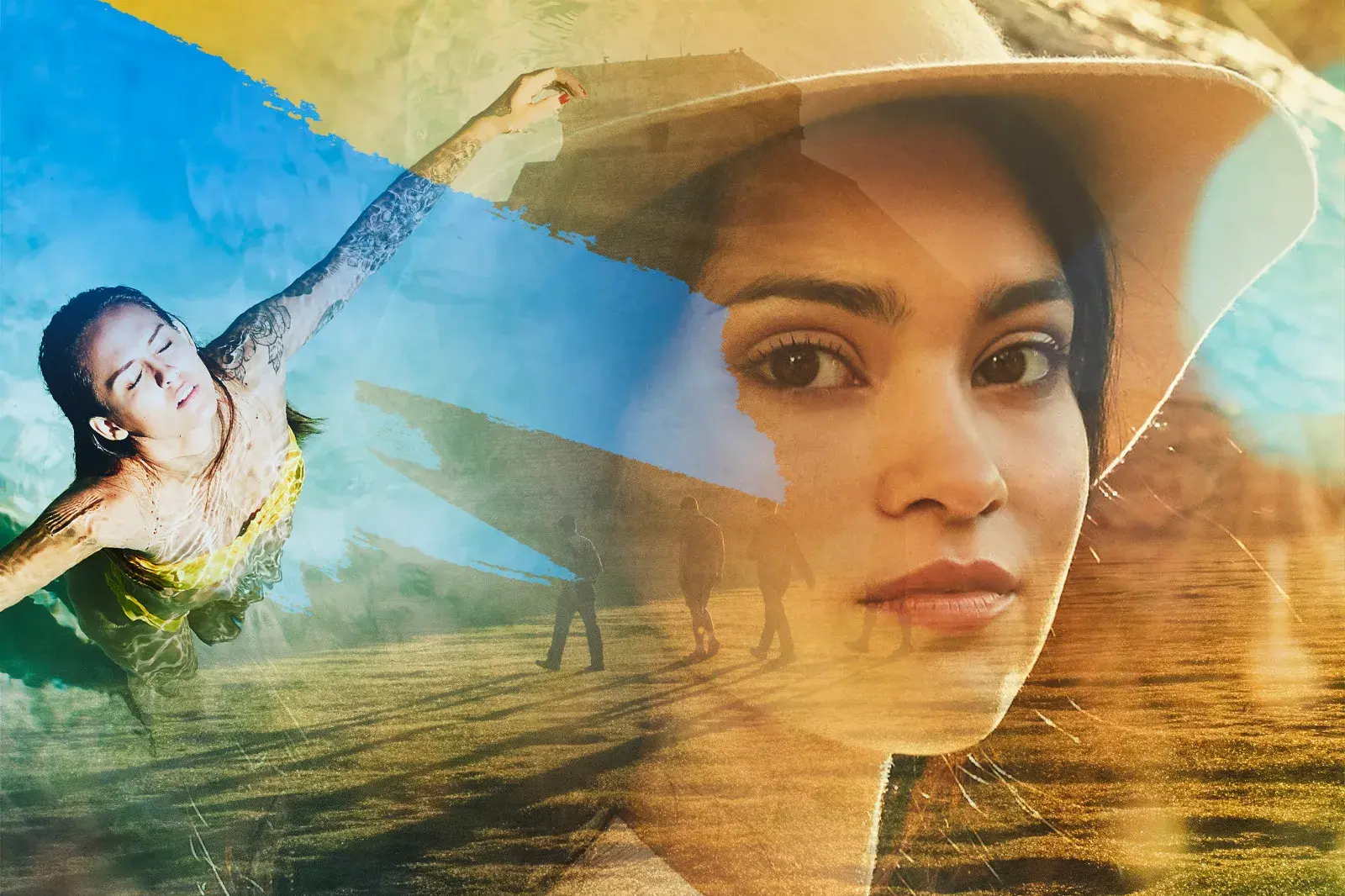 Künstlerische Collage einer Frau auf einer Mexiko-Studienreise, die Maya-Kultur und die Natur in Cenoten und Ruinen entdeckt.