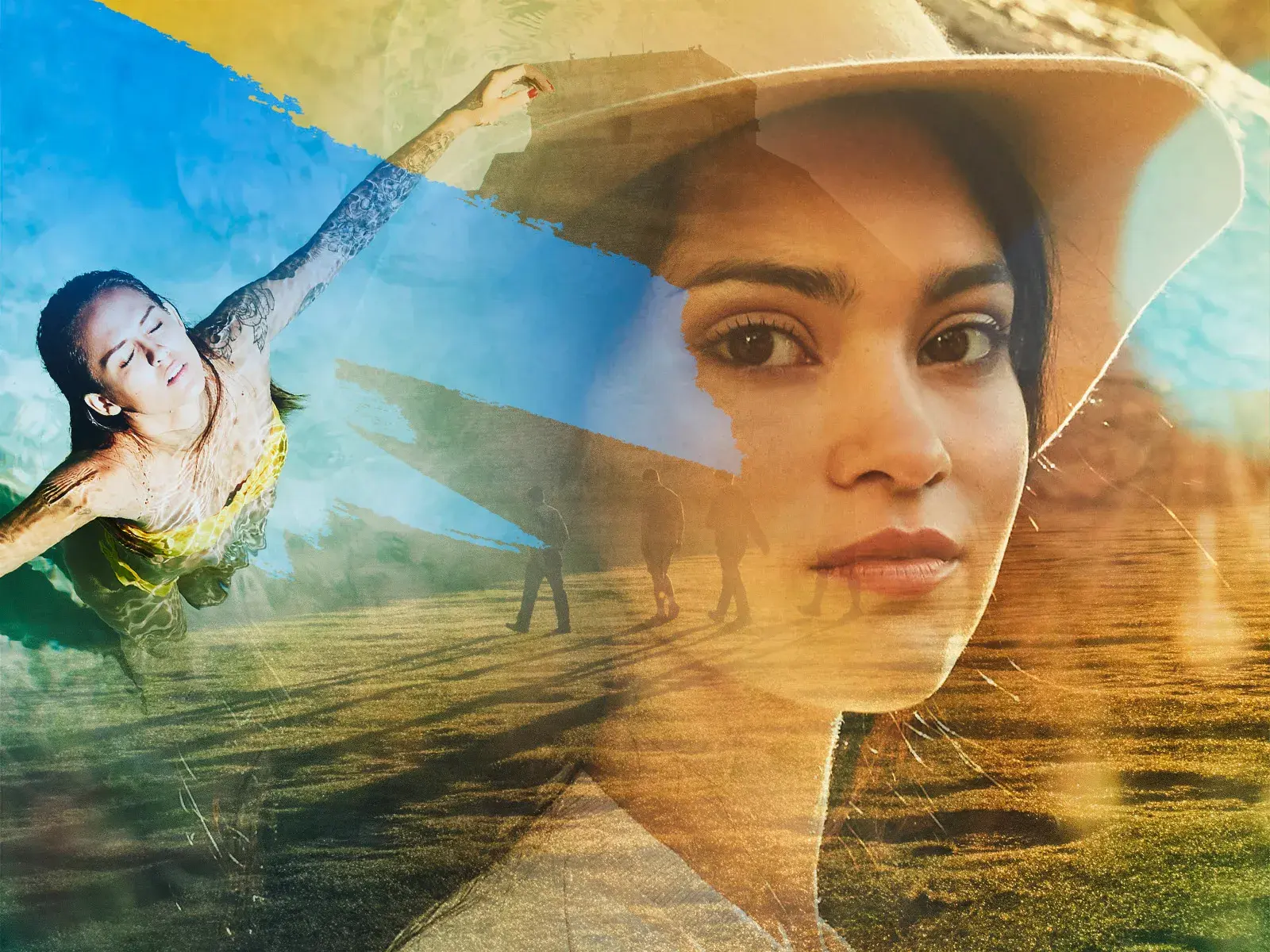 Künstlerische Collage einer Frau auf einer Mexiko-Studienreise, die Maya-Kultur und die Natur in Cenoten und Ruinen entdeckt.
