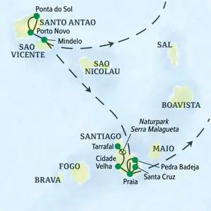 Karte der Studiosus Studienreise auf den Kapverden. Die Route führt über Sao Vicente und Santo Antao nach Santiago mit Praia.
