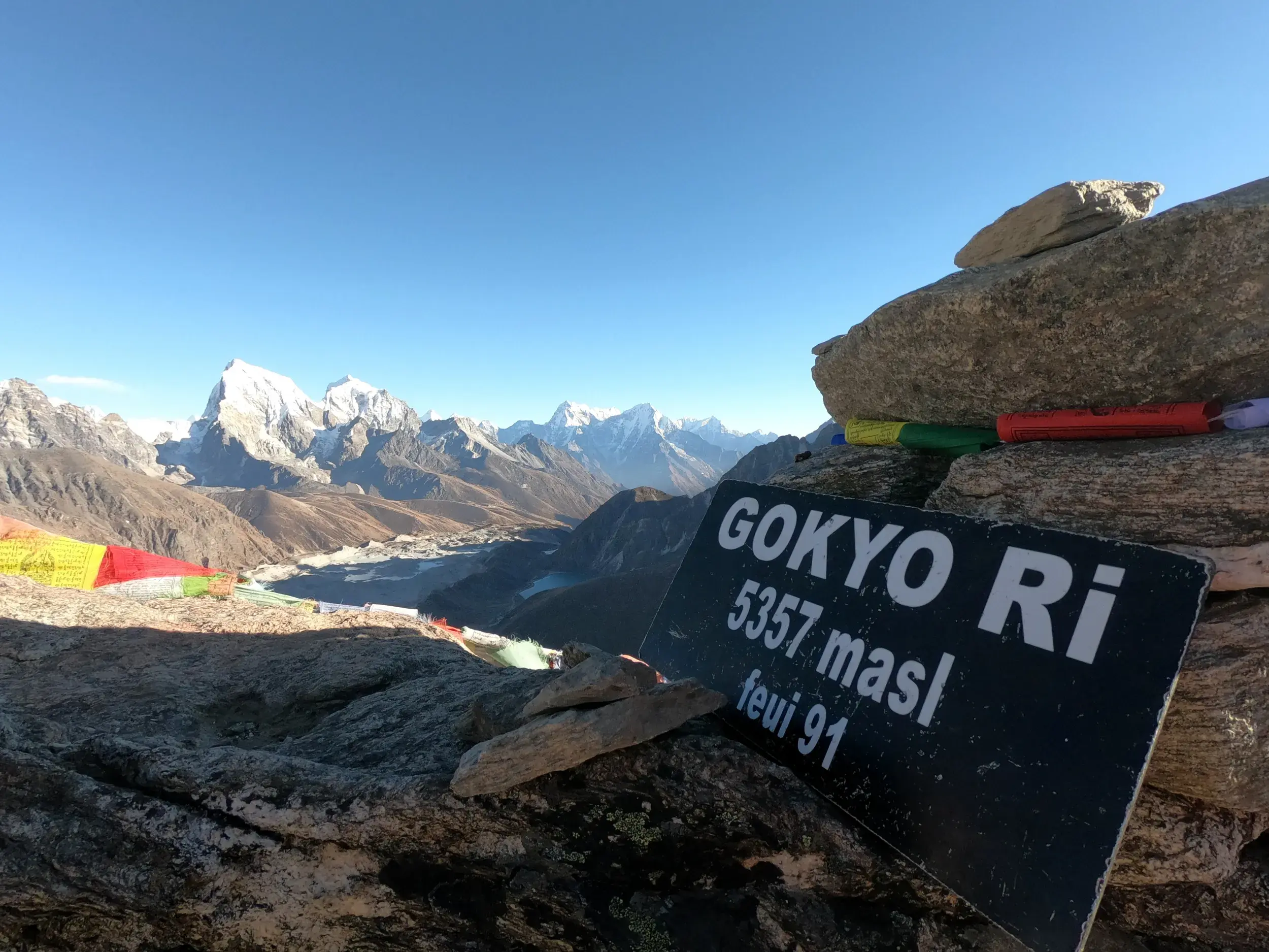 Schild am Gipfel des Gokyo Ri mit Panoramablick auf die schneebedeckten Himalaya-Gipfel und den türkisen Gokyo-See.