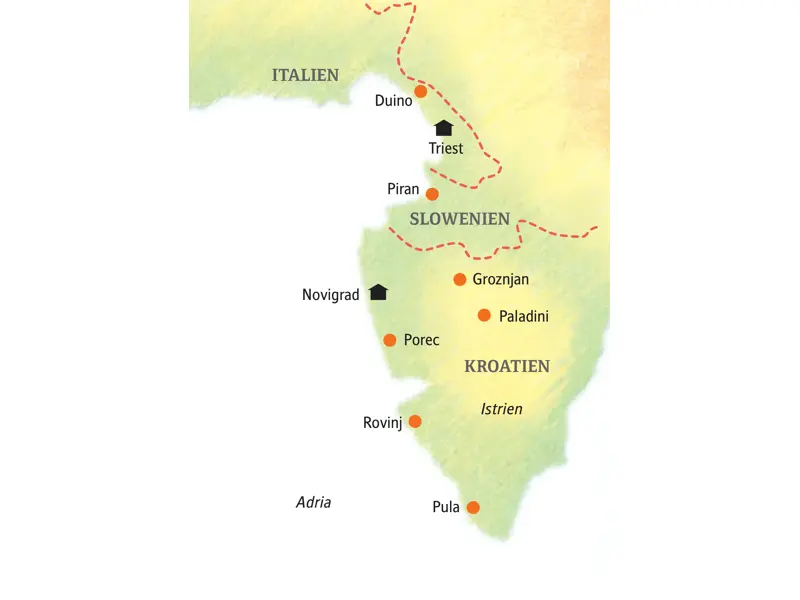 Karte der Kleingruppenreise durch Istrien: Die Route führt von Triest über Piran und Novigrad zu den Küstenstädten Pula und Rovinj.