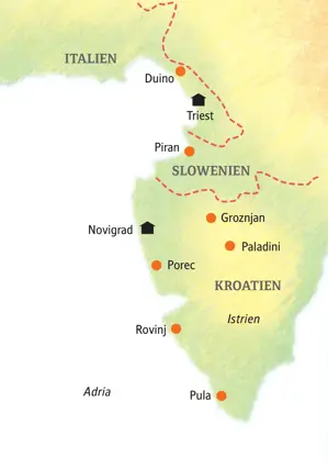 Karte der Kleingruppenreise durch Istrien: Die Route führt von Triest über Piran und Novigrad zu den Küstenstädten Pula und Rovinj.
