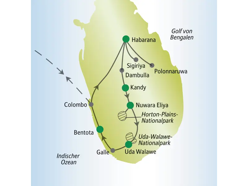 Karte der Reise für Singles und Alleinreisende nach Sri Lanka von Colombo über Sigiriya, Kandy, Nuwara Eliya, Uda Walawe und Galle zurück nach Colombo.