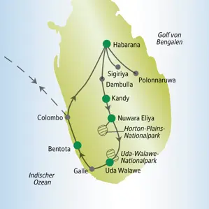 Karte der Reise für Singles und Alleinreisende nach Sri Lanka von Colombo über Sigiriya, Kandy, Nuwara Eliya, Uda Walawe und Galle zurück nach Colombo.