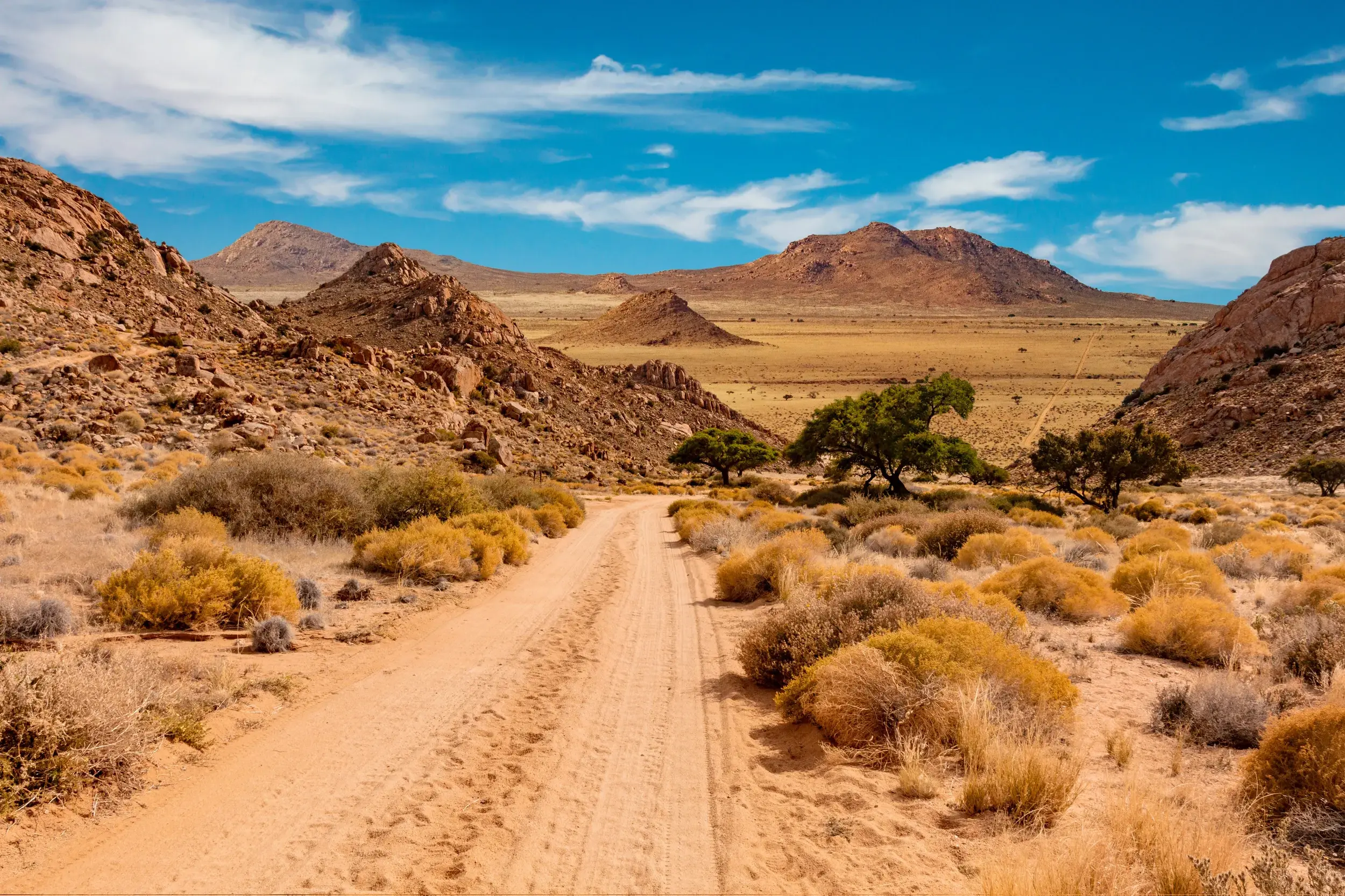 Eine sandige Piste führt auf einer Hauser Trekkingreise durch die endlose Weite des Damaralands in Namibia unter blauem Himmel.