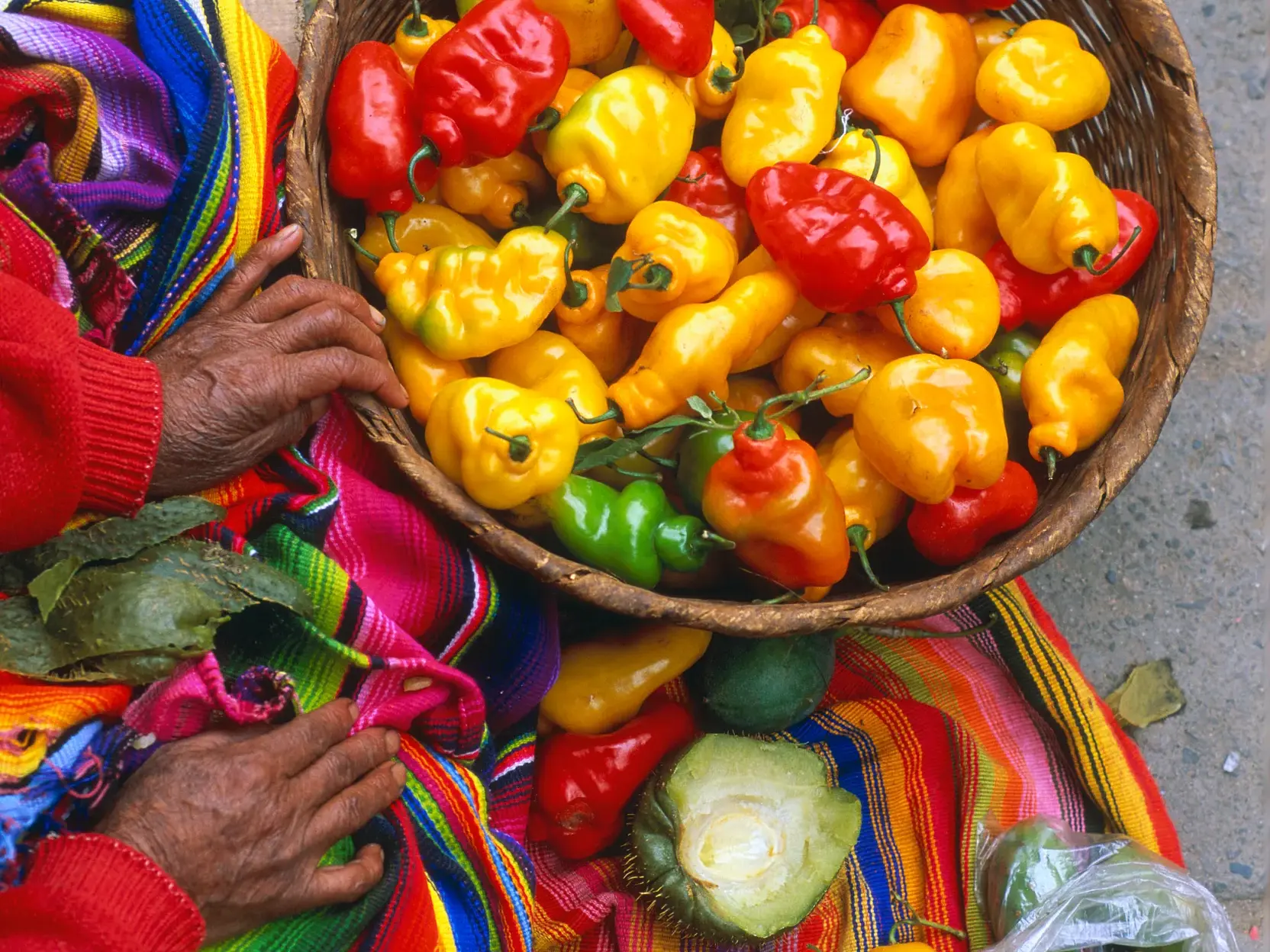 Einheimische Hände umfassen einen Korb mit gelben und roten Chilis, umgeben von bunten Maya-Textilien in Chichicastenango.