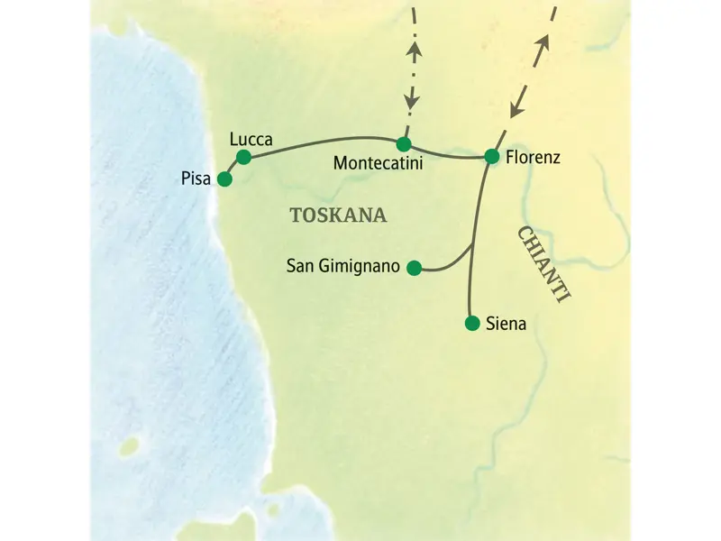 Routenverlauf der geführten Rundreise in der Toskana mit Ausflügen von Montecatini nach Florenz, Pisa, Lucca, San Gimignano und Siena.