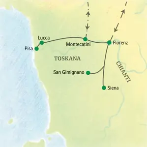 Routenverlauf der geführten Rundreise in der Toskana mit Ausflügen von Montecatini nach Florenz, Pisa, Lucca, San Gimignano und Siena.