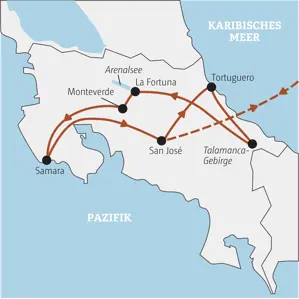 Karte der geführten Rundreise in Costa Rica von San José über Tortuguero, Talamanca, La Fortuna und Samara am Pazifik.