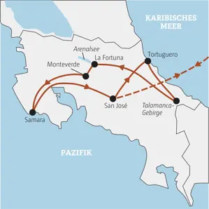 Karte der geführten Rundreise in Costa Rica von San José über Tortuguero, Talamanca, La Fortuna und Samara am Pazifik.