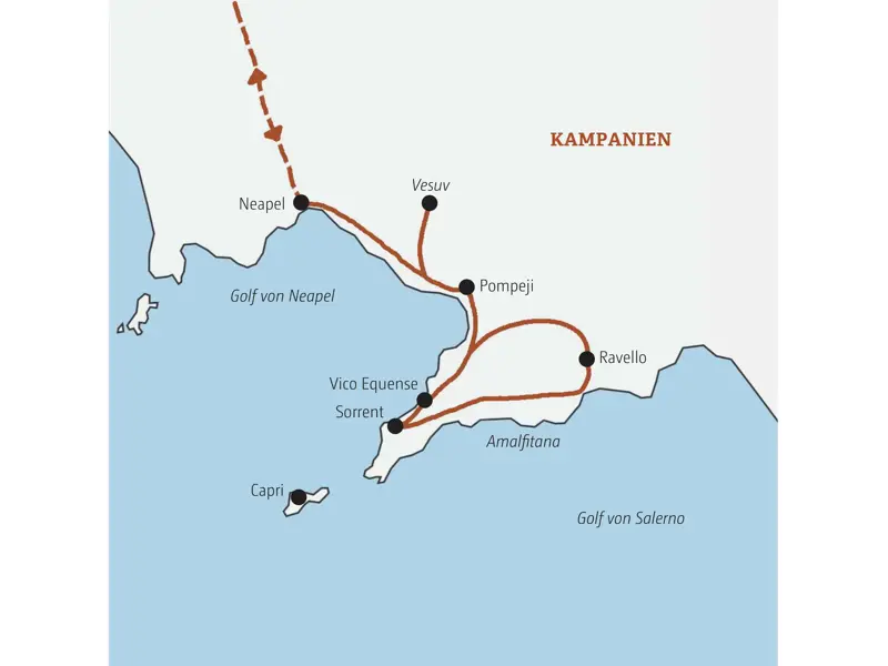 Unsere Reiseroute der Marco Polo Rundreise am Golf von Neapel: von Neapel über Pompeji, Sorrent, den Vesuv und die Amalfitana.