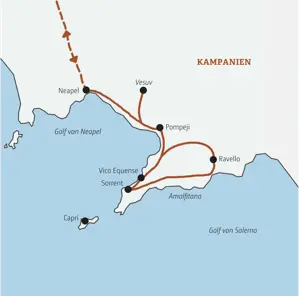 Unsere Reiseroute der Marco Polo Rundreise am Golf von Neapel: von Neapel über Pompeji, Sorrent, den Vesuv und die Amalfitana.