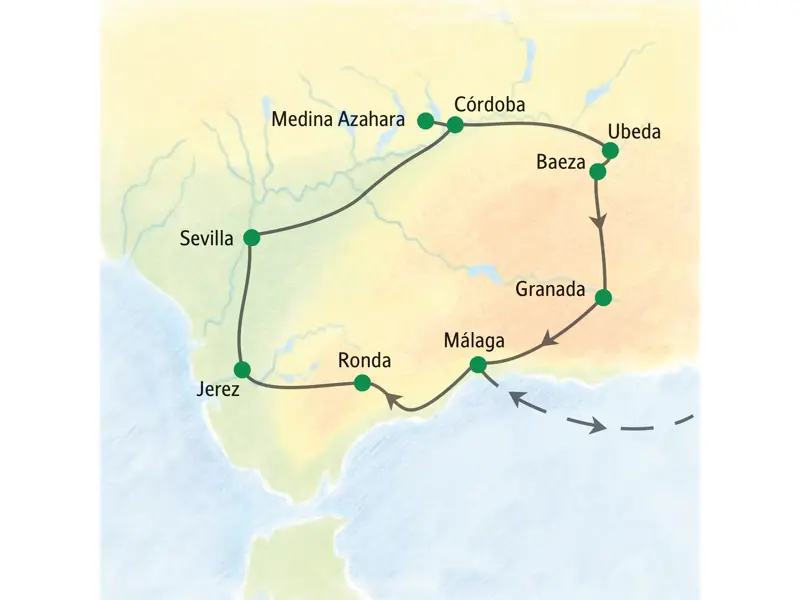 Routenverlauf der Studienreise durch Andalusien von Málaga über Jerez, Sevilla, Córdoba, Ubeda und Granada.