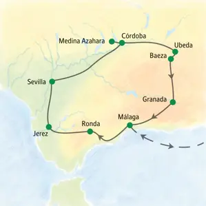 Routenverlauf der Studienreise durch Andalusien von Málaga über Jerez, Sevilla, Córdoba, Ubeda und Granada.
