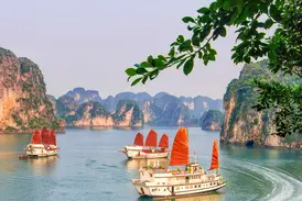 Traditionelle Dschunken mit roten Segeln während einer Studienreise in der von Karstfelsen geprägten Halongbucht in Vietnam.