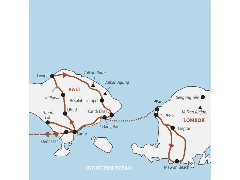 Karte der geführten Rundreise auf Bali & Lombok: Von Sanur über Ubud und Lovina zur Nachbarinsel Lombok und wieder zurück.