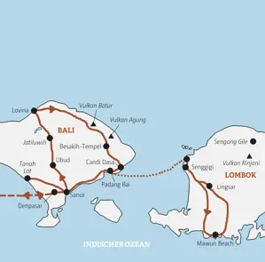 Karte der geführten Rundreise auf Bali & Lombok: Von Sanur über Ubud und Lovina zur Nachbarinsel Lombok und wieder zurück.