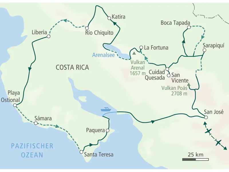 Karte unserer Radreise in Costa Rica von San José zu den Vulkanen Poás und Arenal, zur Nicoya-Halbinsel und zurück.