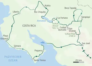 Karte unserer Radreise in Costa Rica von San José zu den Vulkanen Poás und Arenal, zur Nicoya-Halbinsel und zurück.