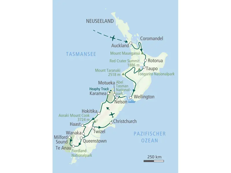 Karte der Wanderreise Neuseeland: Route von Auckland über den Tongariro-Nationalpark und Fiordland-Nationalpark nach Christchurch.