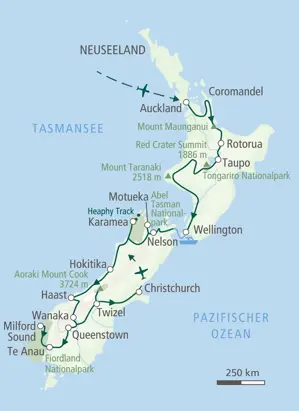 Karte der Wanderreise Neuseeland: Route von Auckland über den Tongariro-Nationalpark und Fiordland-Nationalpark nach Christchurch.