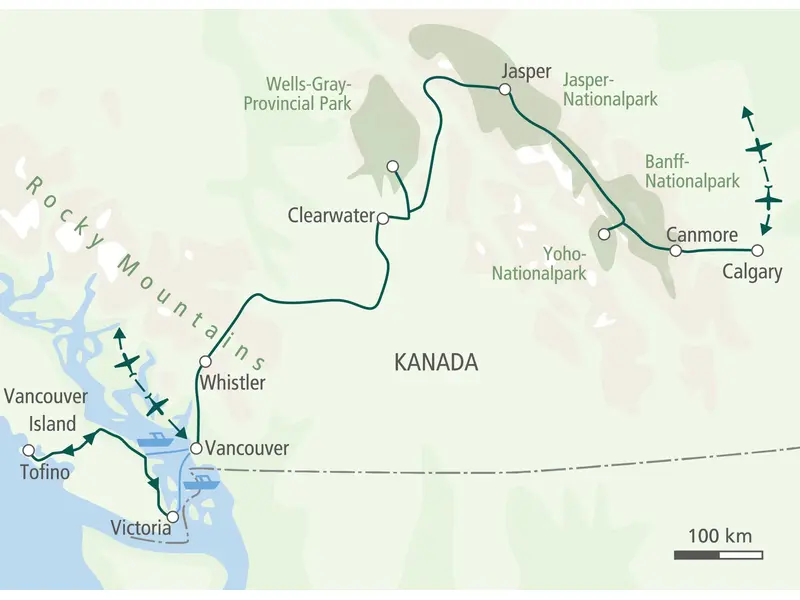 Karte der Wanderreise durch Westkanada: von Calgary über Jasper und Whistler bis nach Tofino und Victoria auf Vancouver Island.