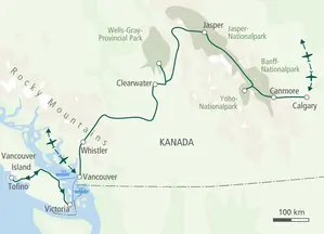 Karte der Wanderreise durch Westkanada: von Calgary über Jasper und Whistler bis nach Tofino und Victoria auf Vancouver Island.
