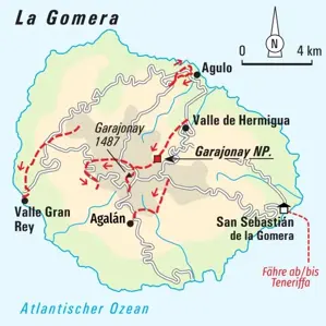 Karte der Hauser Wanderreise auf La Gomera mit Routen im Garajonay NP, ins Valle Gran Rey, nach Agulo und Hermigua.