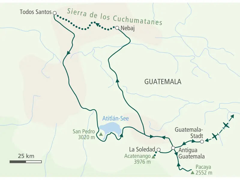 Karte der Trekkingreise in Guatemala: von Antigua Guatemala über den Vulkan Acatenango und die Cuchumatanes zum Atitlán-See.
